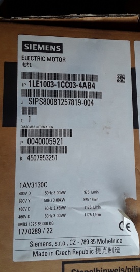 Elektromotor Siemens 3 kw, 975 rpm