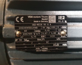 Elektromotor VEM 0.75 kw, 1.430 rpm 